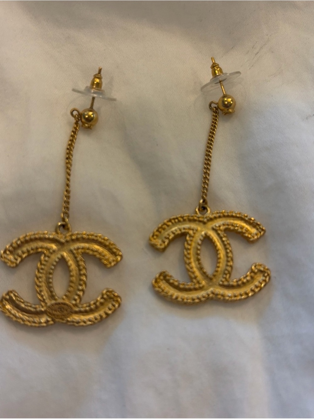 CHANEL Gold Double C Drop Chain Earrings